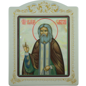 Icon on natural mother-of-pearl "Seraphim of Sarov" with gold leaf